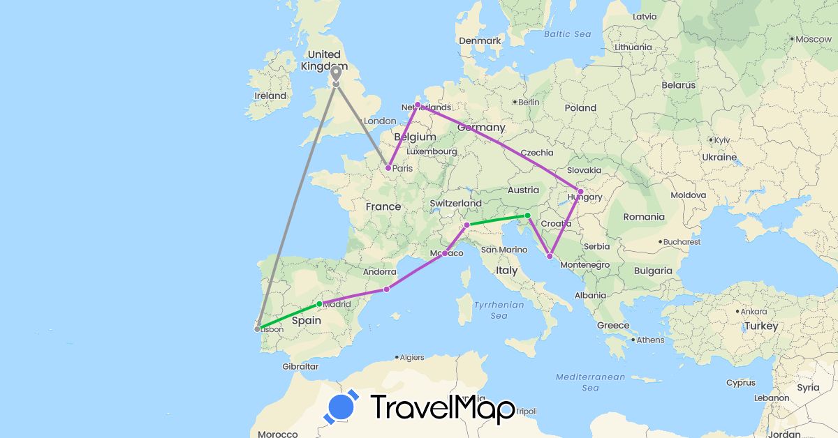 TravelMap itinerary: driving, bus, plane, train in Spain, France, United Kingdom, Croatia, Hungary, Italy, Netherlands, Portugal, Slovenia (Europe)