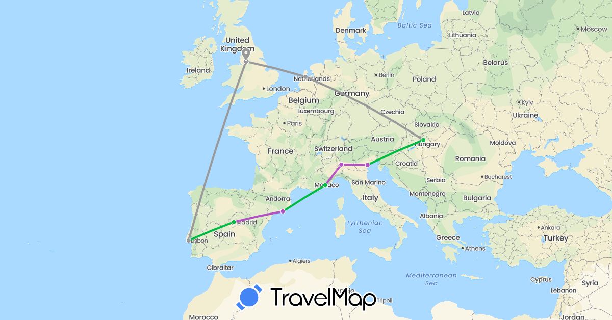 TravelMap itinerary: driving, bus, plane, train in Spain, France, United Kingdom, Hungary, Italy, Netherlands, Portugal (Europe)